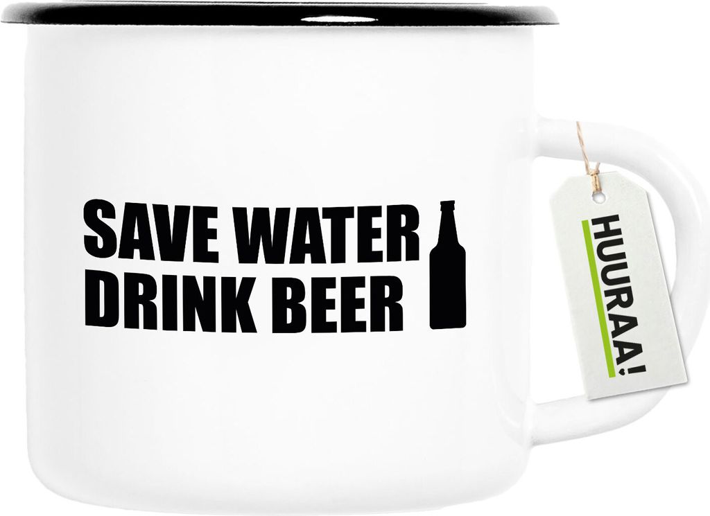 Huuraa Emaille Tasse Save Water Drink Beer Bierflasche Produktbild 