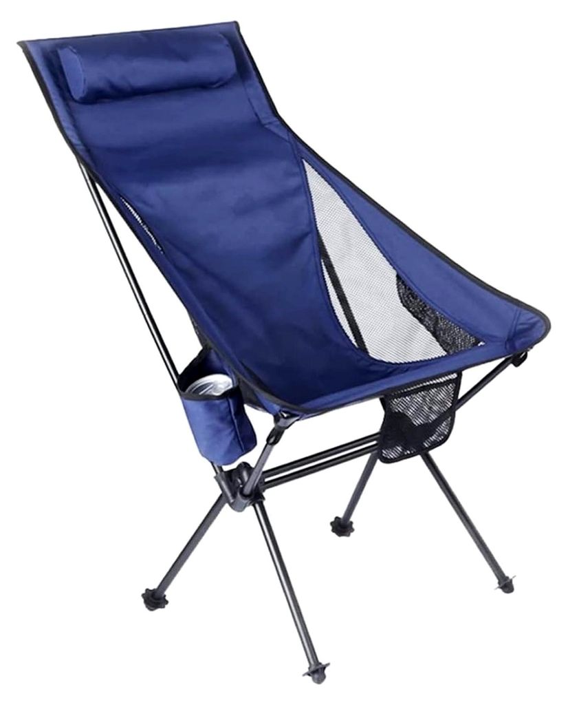 Klappbarer Campingstuhl mit hoher Rückenlehne und Kopfstützentasche für Outdoor-Aktivitäten