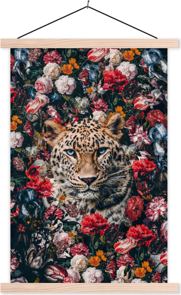 MuchoWow Textilposter Leopard - Blumen - Mantel 60x90 cm mit holzfarbenen Rahmen - Textil