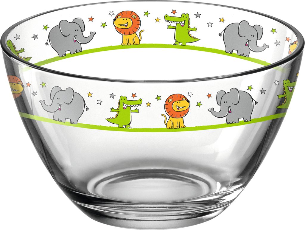 Leonardo Bambini Glas-Schalen 6er Set, Kinder-Schälchen aus Glas mit Tier-Motiven, Löwe, Krokodil, Elefant, spülmaschinengeeignete Schüsseln, ...