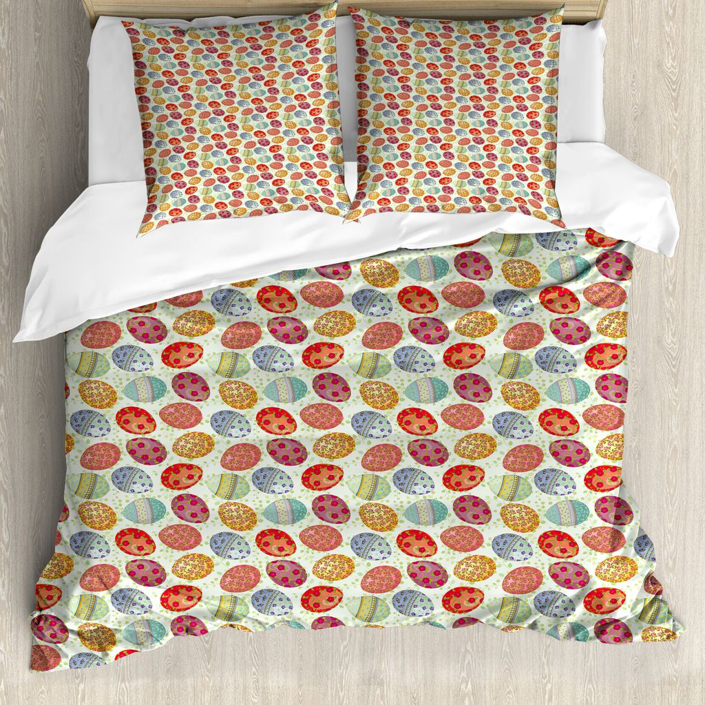 ABAKUHAUS Ostern Bettbezug, Blumige Vintage-Eier, Milbensicher Allergiker geeignet mit Kissenbezügen, 200 cm x 200 cm - 80 x 80 cm, Mehrfarbig