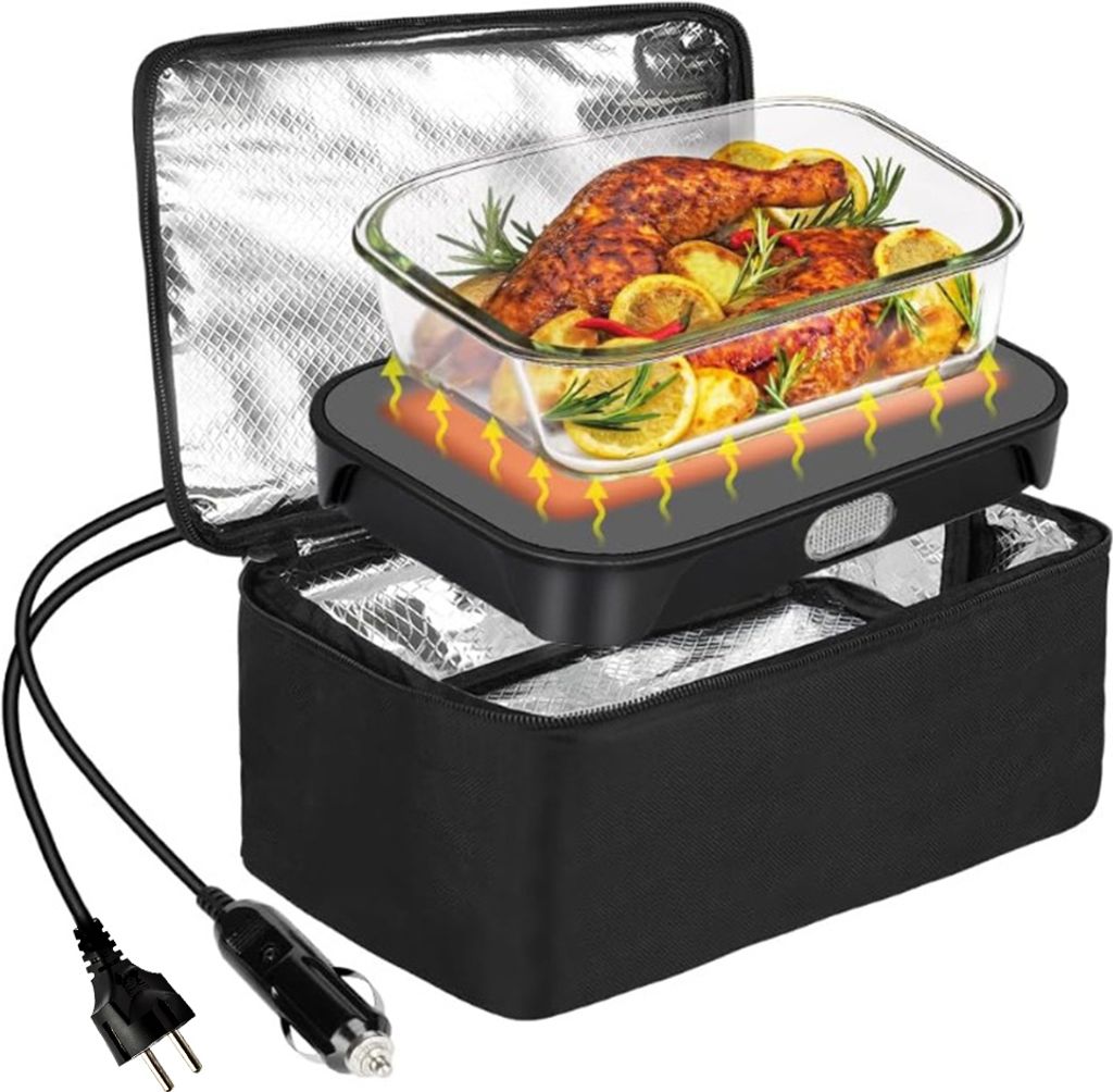 A portable food warmer with a glass container of roasted chicken and vegetables.