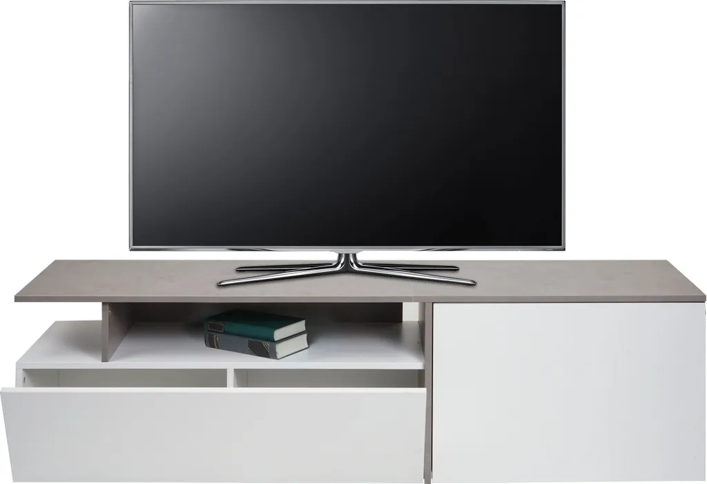 Meuble TV bas HWC-L34 pour organiser vos câbles, buffet béton blanc 161cm