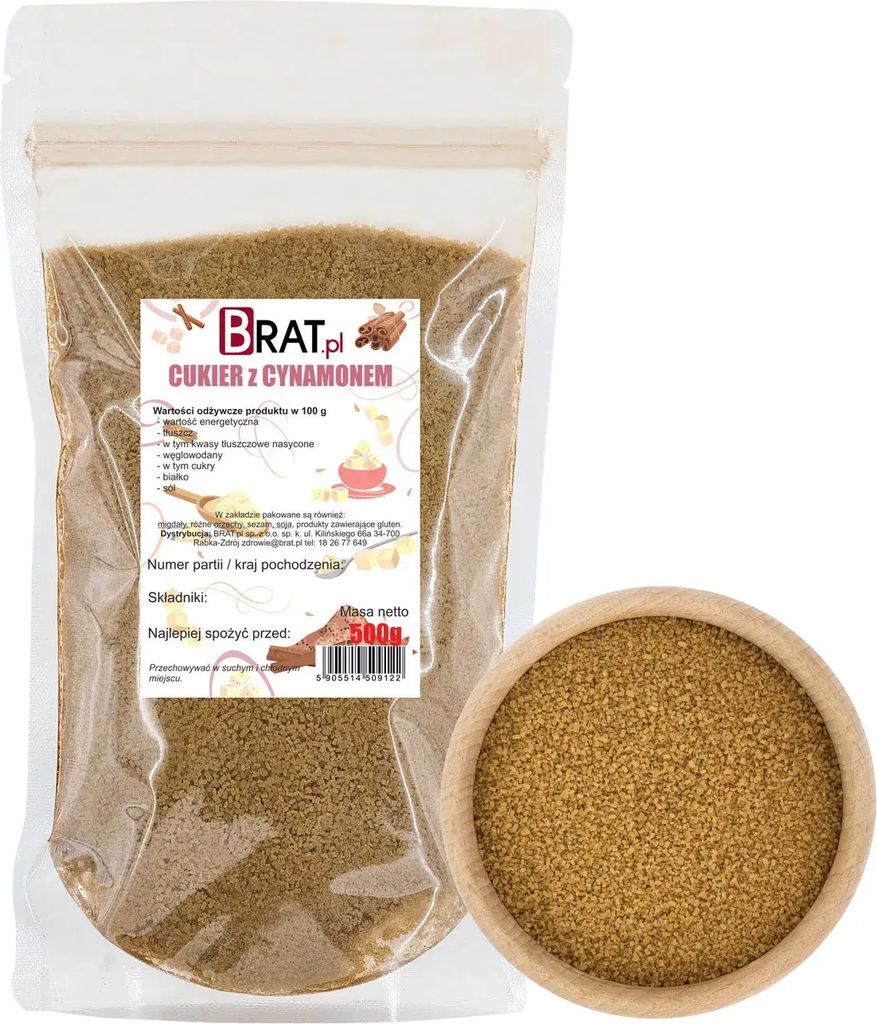 A bag of sugar with cinnamon next to a wooden bowl filled with the same product.