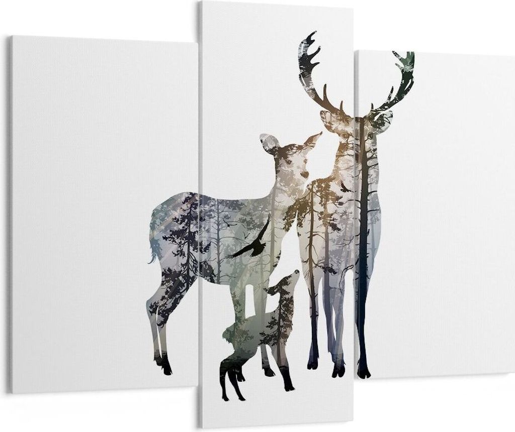 Bild auf Leinwand - Leinwandbild - Deer Familie Wildheit Illustration - 130x100cm - Wand Bild - Wanddeko - Leinwanddruck - Bilder - Kunstdruck - Le...