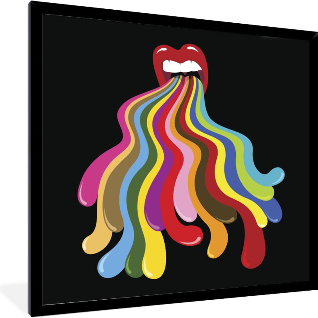 MuchoWow Gerahmtes Poster Eine Illustration eines Mundes mit einem Regenbogen darin 40x40 cm - Poster mit Schwarzem Bilderrahmen Wandposter Rahme...