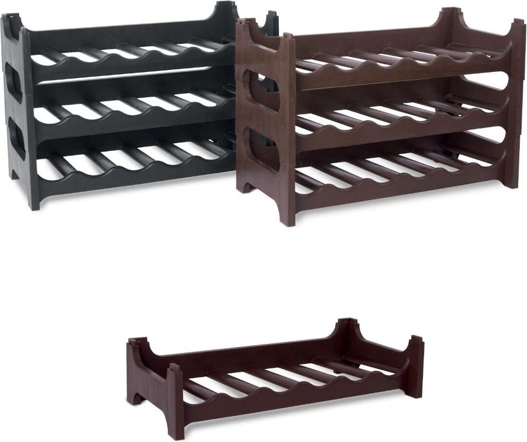 Three wooden wine racks are displayed against a white background. Two are stacked side-by-side in the upper portion of the image, one black and one brown. A third, brown wine rack is positioned below them.