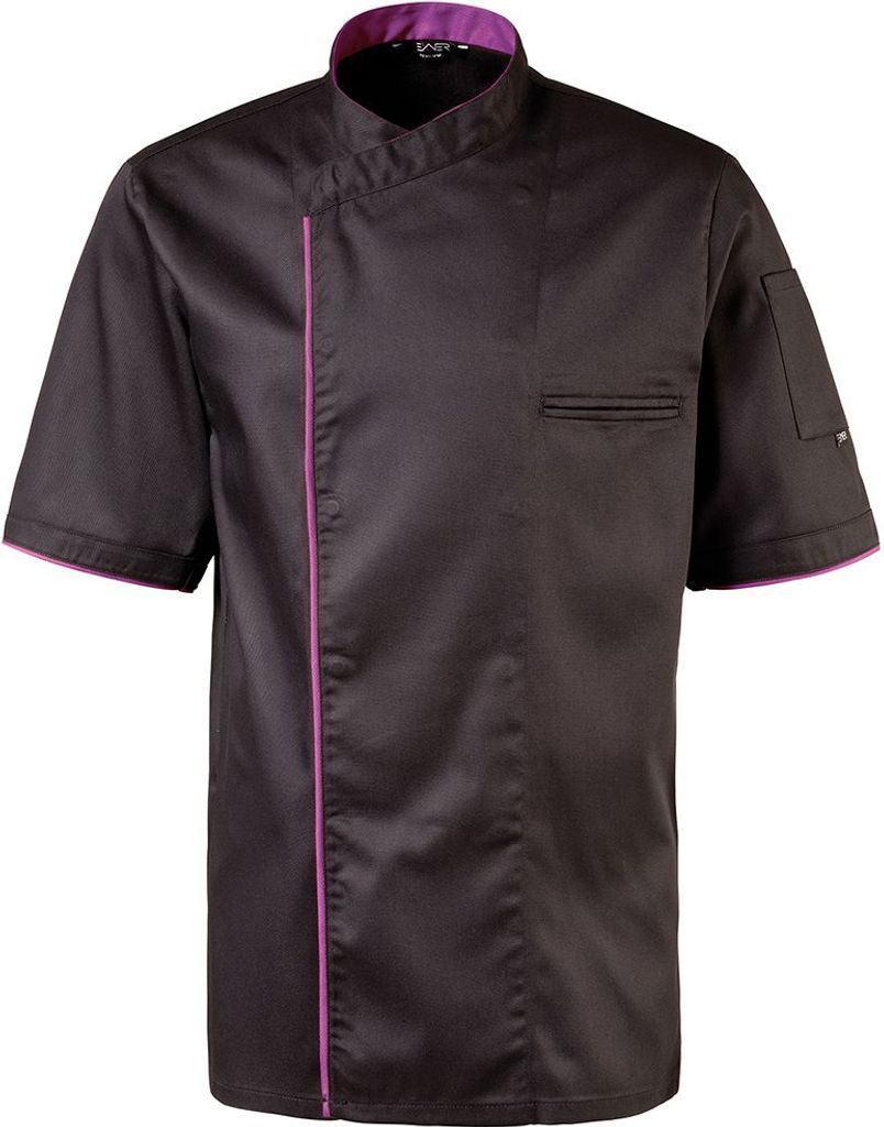 Kochjacke halbarm, Druckknöpfe, Fb. schwarz, Paspel purple, Produktbild 