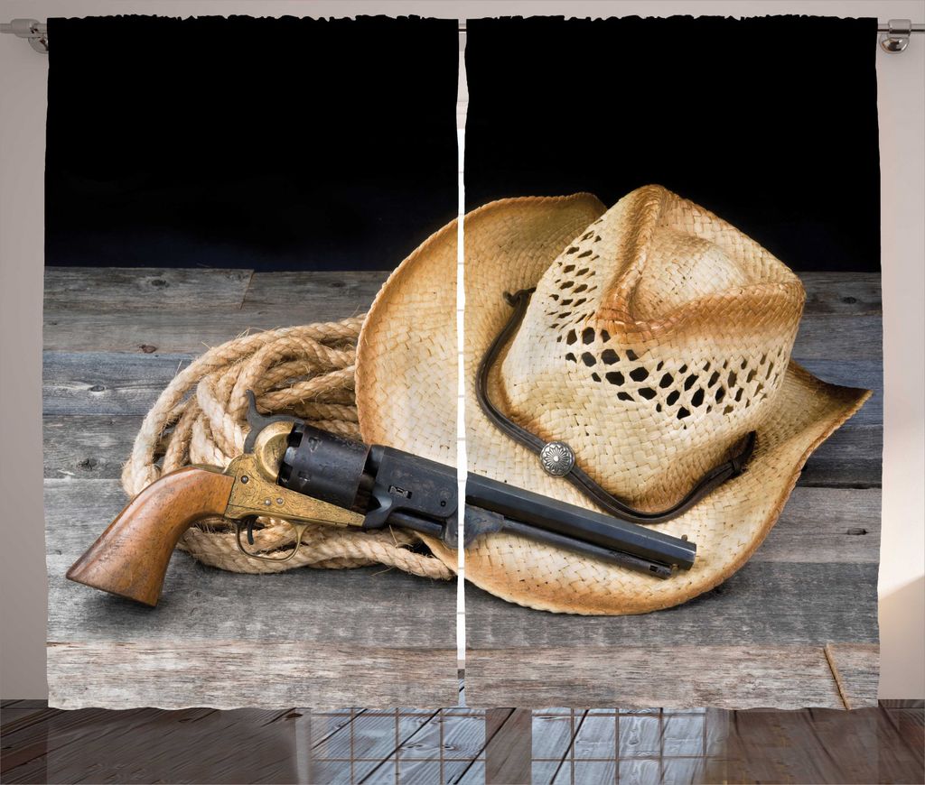 ABAKUHAUS Western Rustikaler Vorhang, Cowboy-Hut auf Holztisch, Wohnzimmer Universalband Gardinen mit Schlaufen und Haken, 280 x 225 cm, Ginger Camel
