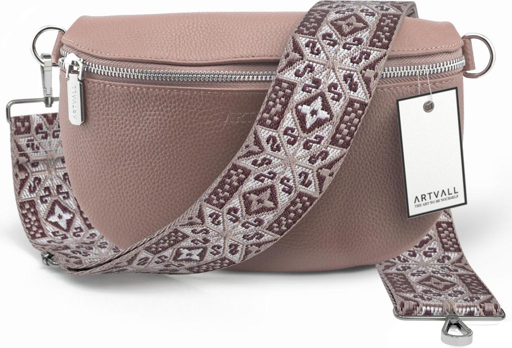 ARTVALL - Umhängetasche aus Leder, Klein mit verstellbarem Schultergurt, abnehmbares Taschenband, Crossbody Bag in Rosa