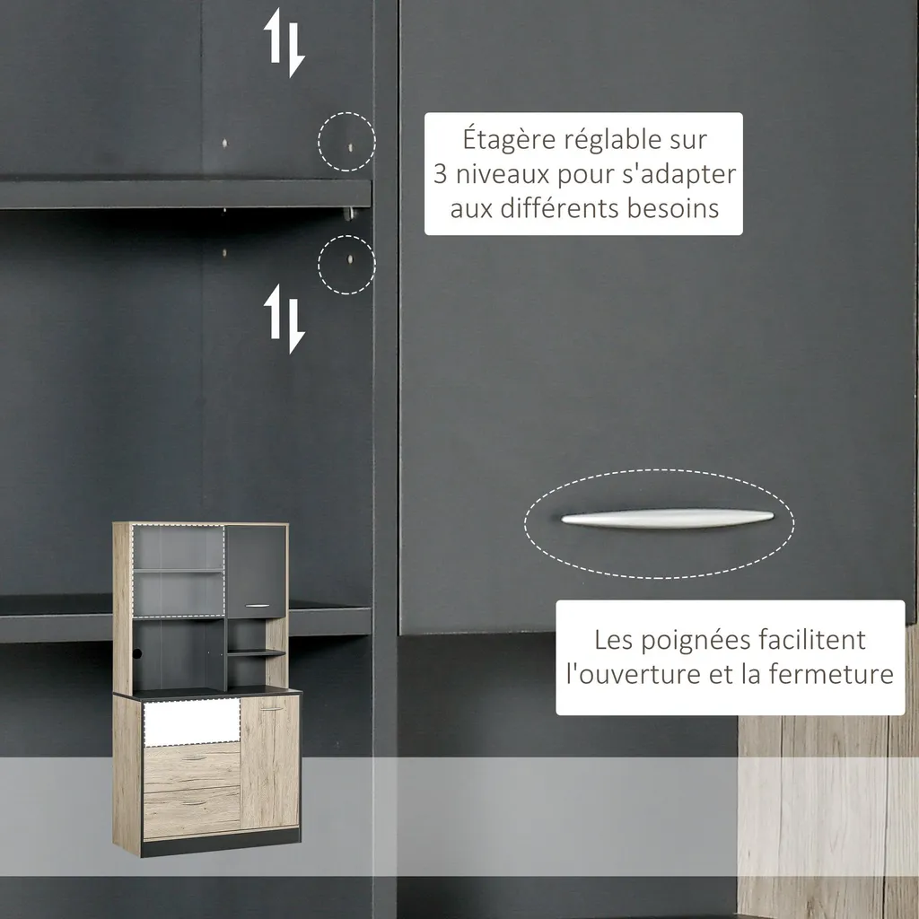 Buffet de cuisine à 2 portes et 3 tiroirs design bois clair et gris chic