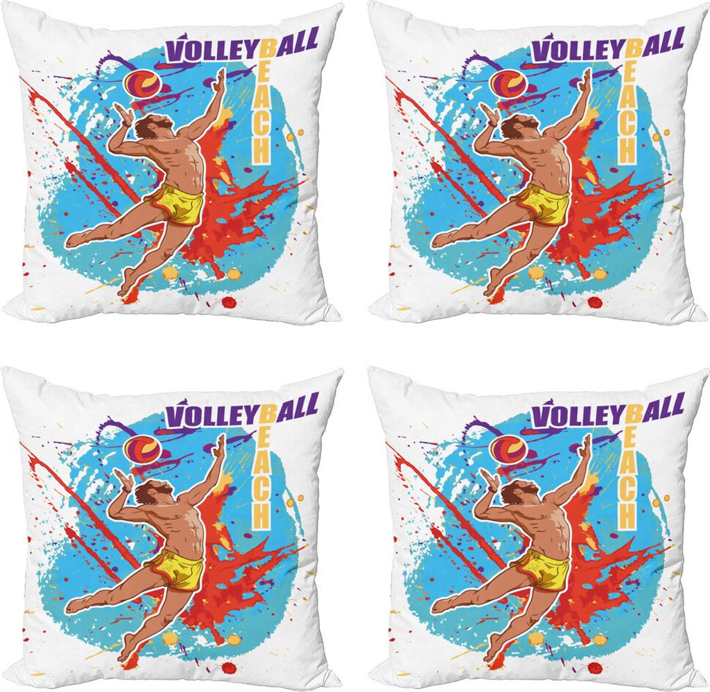 ABAKUHAUS Strand Kissenbezug Set (4 Stück), Ball in Strand, Moderner Doppelseitiger Digitaldruck, 50 cm x 50 cm, Himmelblau und Rot