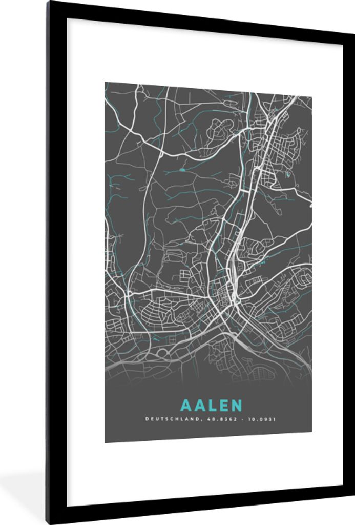 MuchoWow Gerahmtes Poster Stadtplan - Aalen - Deutschland - Karte 60x90 cm - Poster mit Schwarzem Bilderrahmen Wandposter Rahmen Foto Bilder - De...