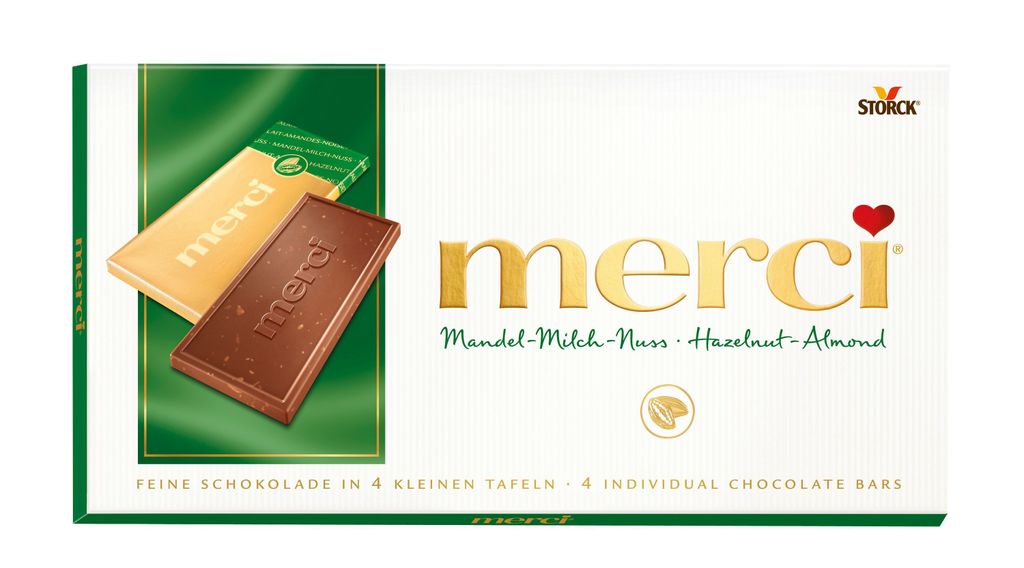 A box of Merci chocolate bars with two bars shown in the foreground.
