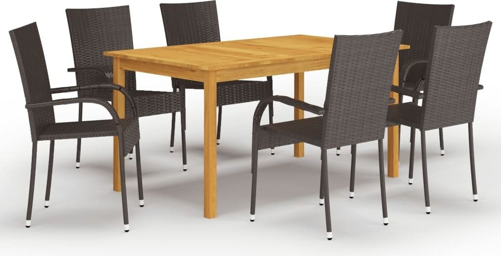 dkd-home-decor 7-tlg. Garten-Essgruppe aus Akazien-Massivholz und PE Rattan, Braun, 6 Personen, Tisch 150x90x74 cm