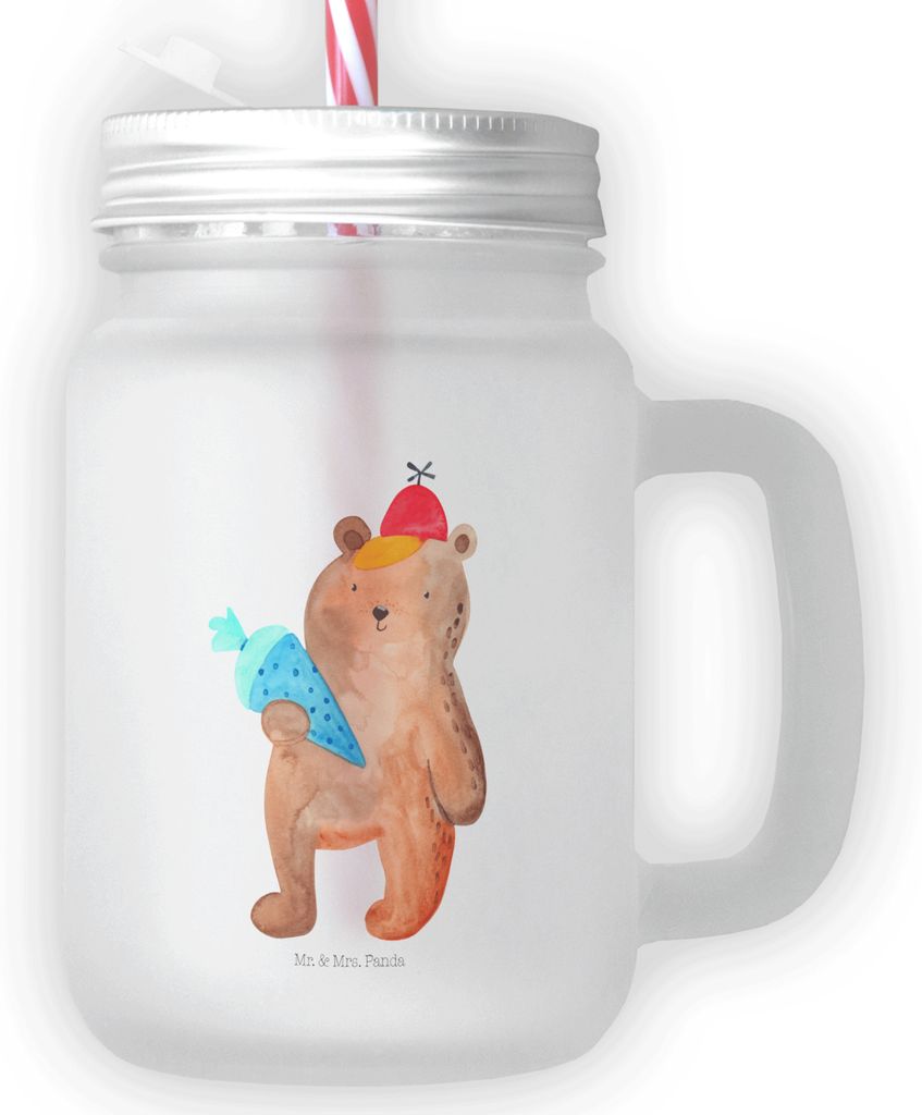 Mr. & Mrs. Panda Henkelglas Bär Schultüte - Transparent - Geschenk, Trinkglas, Glas, Schulanfang, Becher mit Strohhalm, Mason Jar, Erster Schulta...