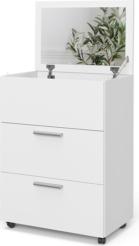 A white vanity table with a mirror and two drawers.