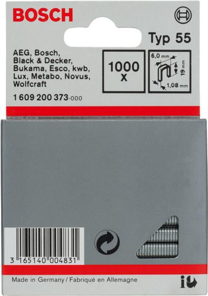 Schmalrückenklammer Typ 55, 6 x 1,08 x 19 mm, 1000er-Pack