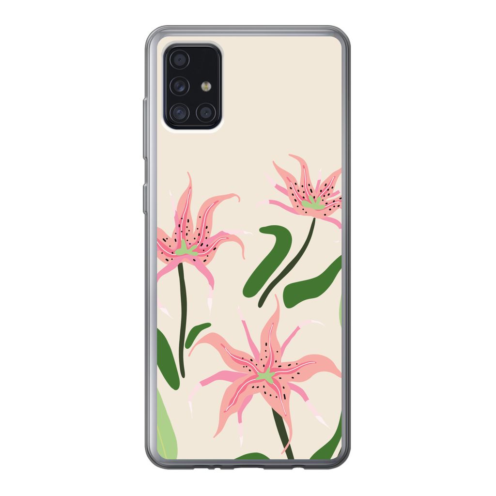 MuchoWow Handyhülle Schutzhülle Hülle für Samsung Galaxy A52 5G Blume - Rosa - Blätter Silikon Softcase Handy Hülle - Umschlag