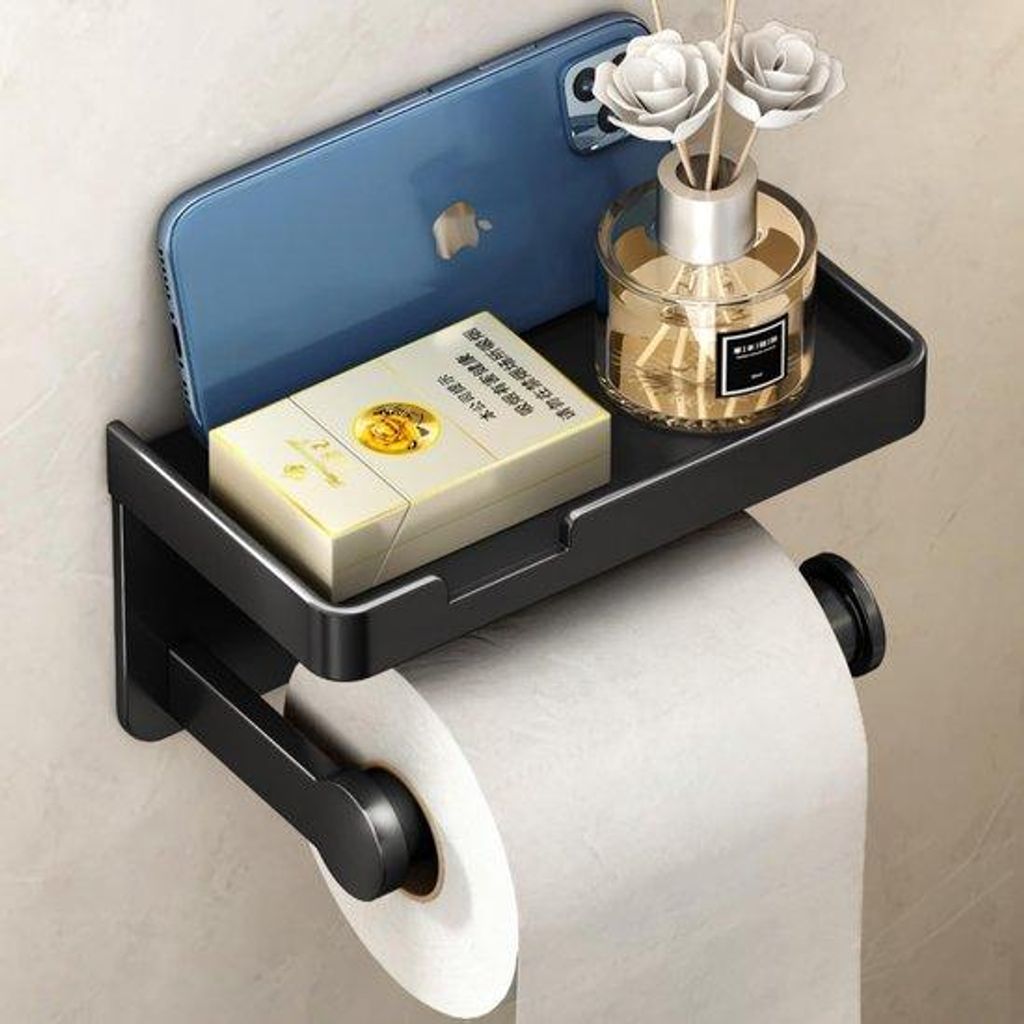 Multifunktioneller, selbstklebender oder schraubbare, rostrühriger Toilettenhalter, Badkamerhalter (schwarz)
