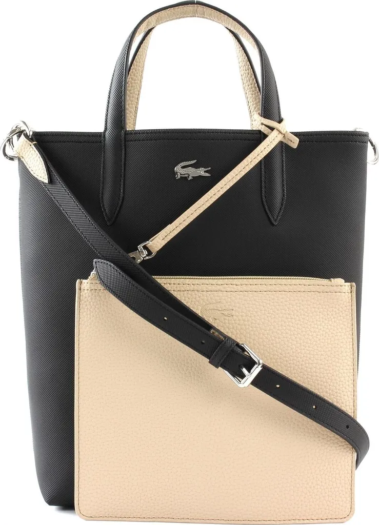 Cabas vertical Lacoste Anna en toile enduite bicolore noir et sable chaud