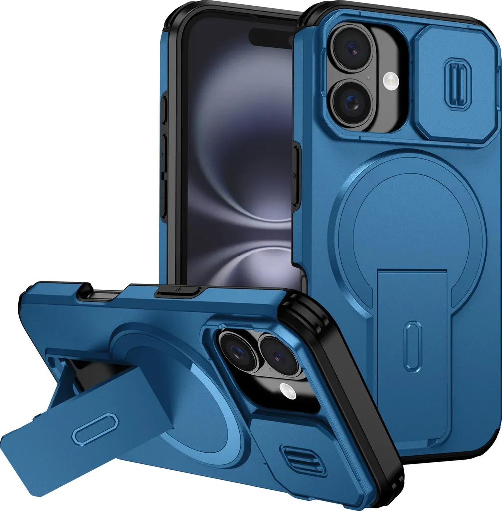 Custodia iPhone 16 Blu Navy con Cavalletto e MagSafe Potente