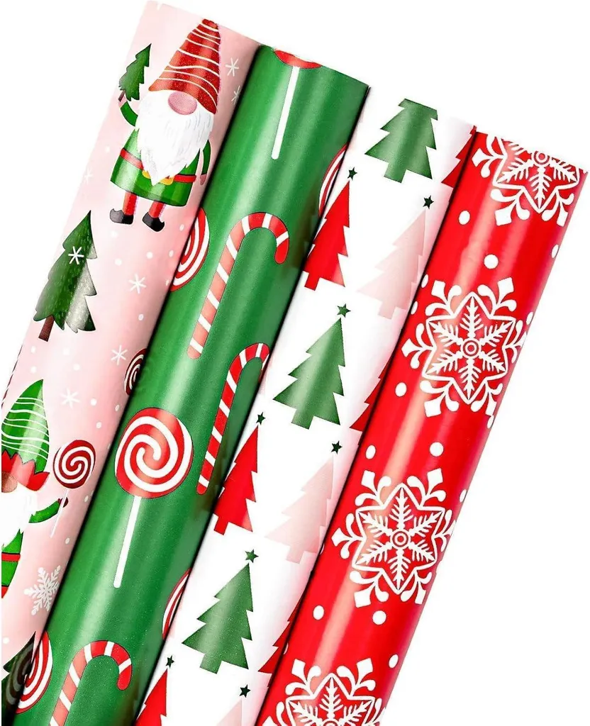 Rouleau papier cadeau Noël Rouge Vert Rose Gnome Elf - Lot de 4 unités