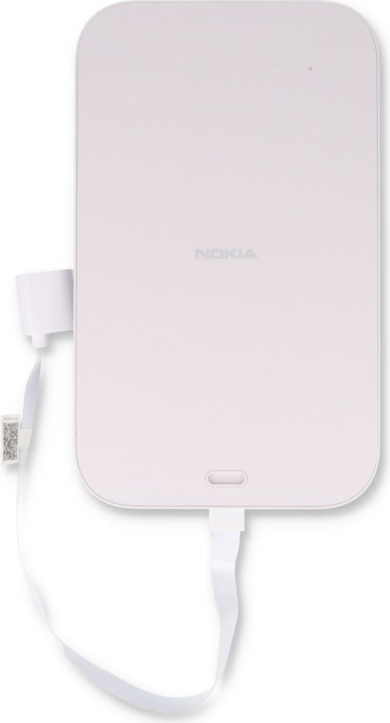 A white Nokia FastMile 5G Receiver is shown on a white background with a white cable attached.