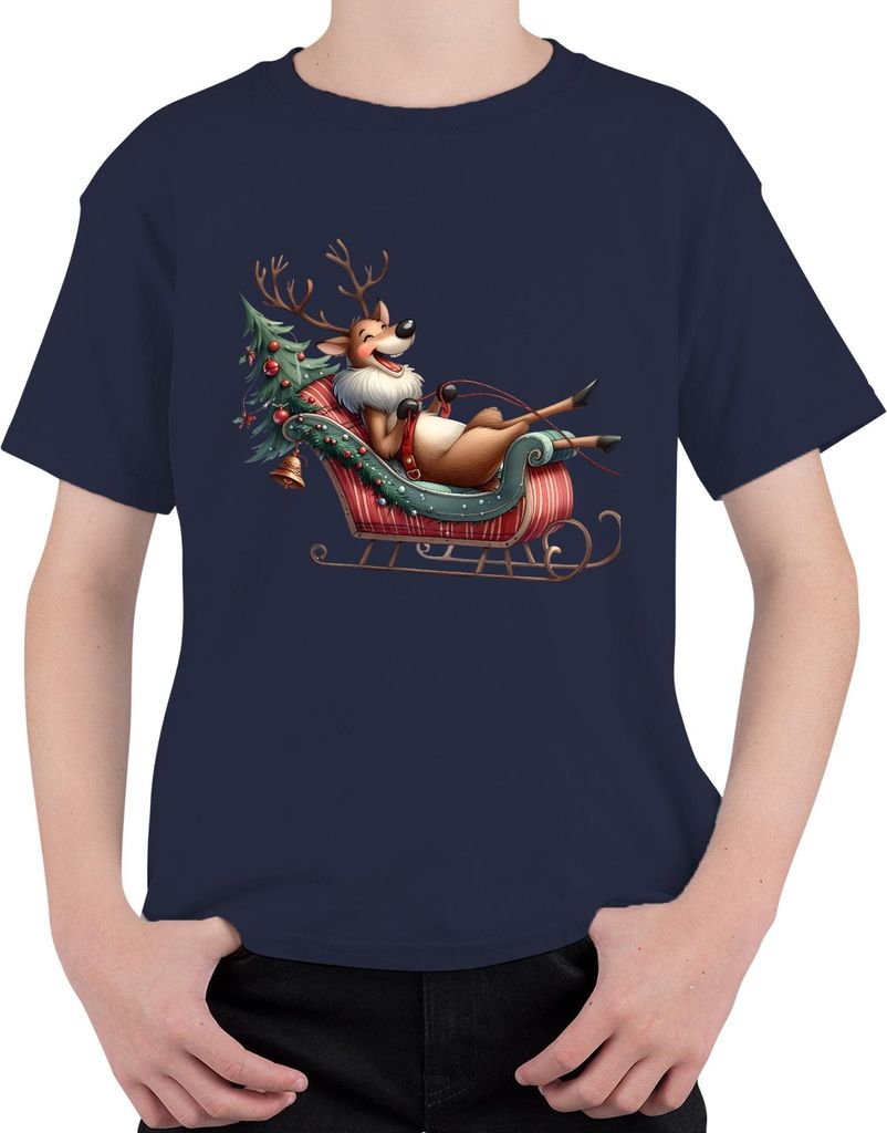 Faules Rentier im Schlitten Weihnachten lustig Geschenk Cartoon Uni Kinder T-Shirt, Navy, 140