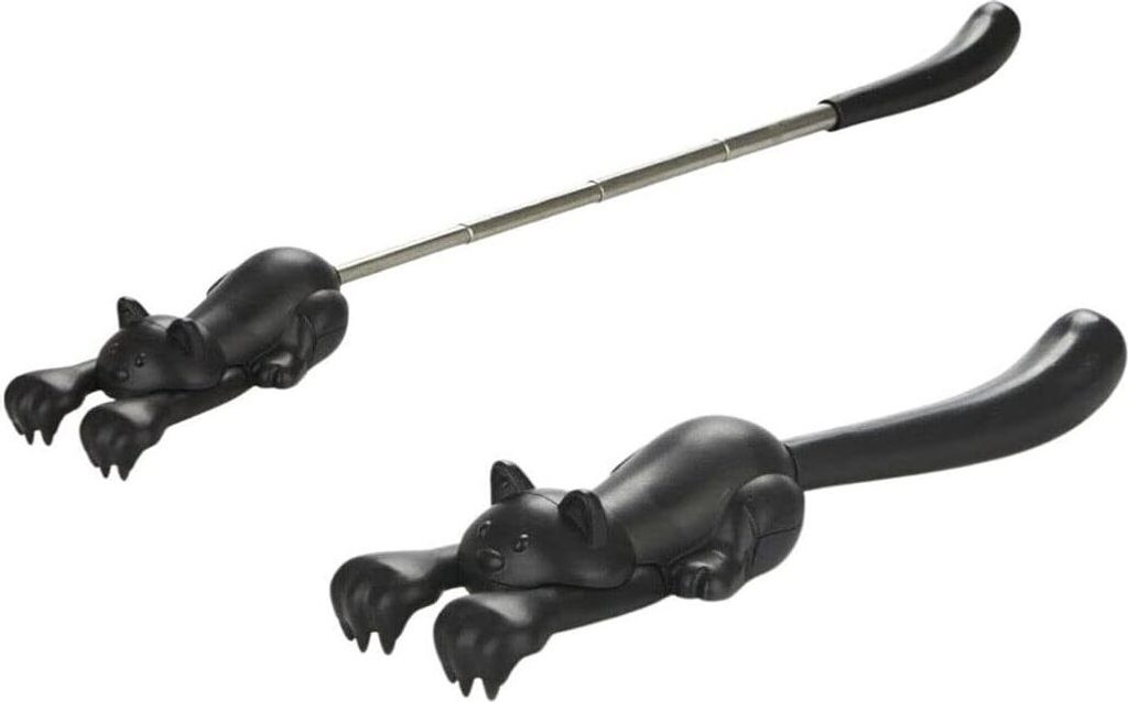 Two black cat-shaped back scratchers are shown against a white background. One is extended on a metal rod, and the other is shown as a standalone item.