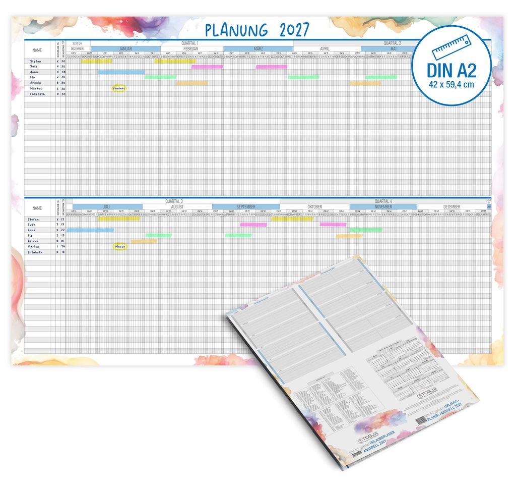 Urlaubsplaner 2027 A2 Wandplaner Aquarell – 25 Mitarbeiter, Jahresübersicht