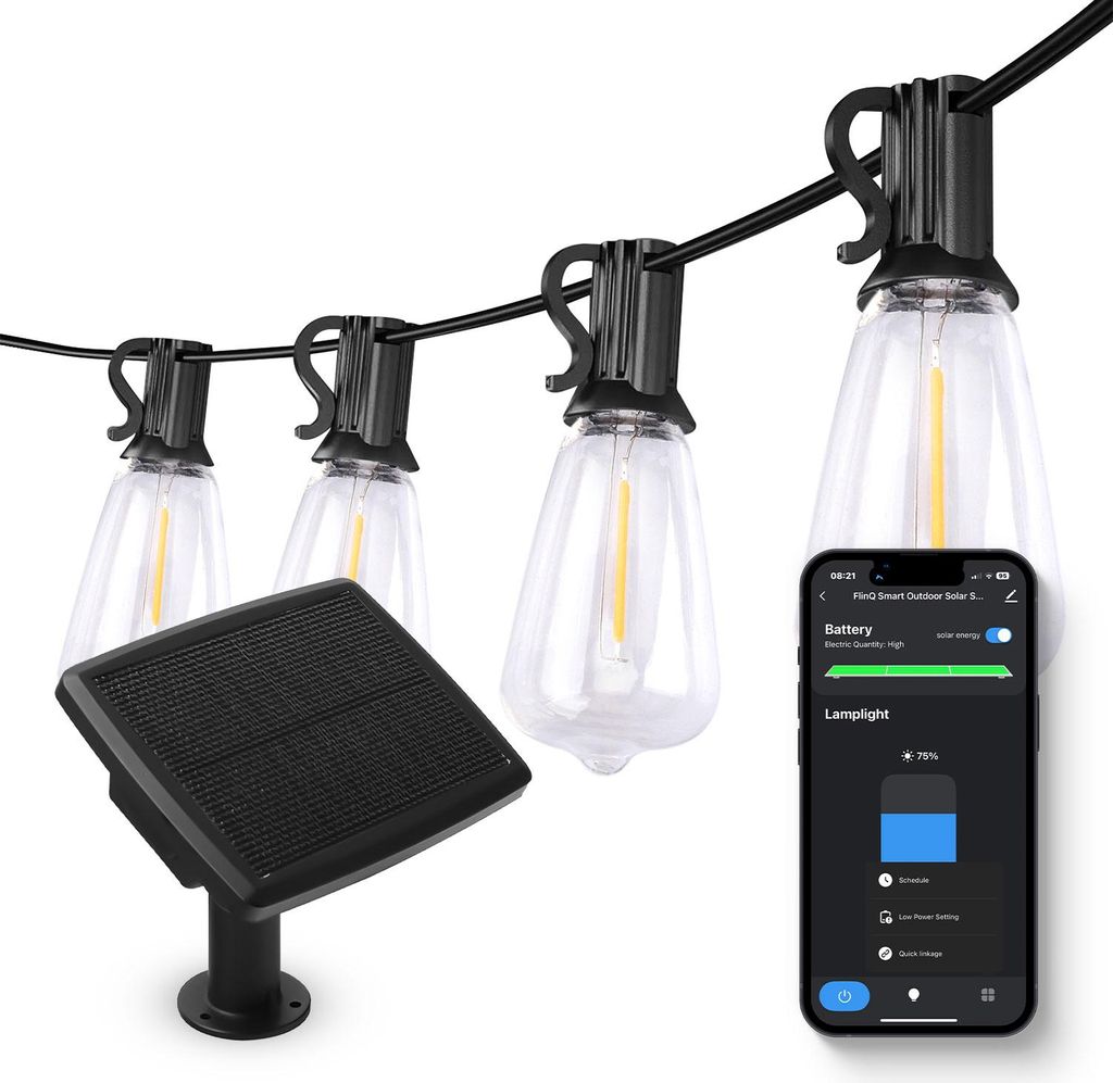 FlinQ Smart Solar-Lichterkette – 15m LED für Außen – RGB-Lampen – Stimmungs- & Partybeleuchtung – App- & Sprachsteuerung