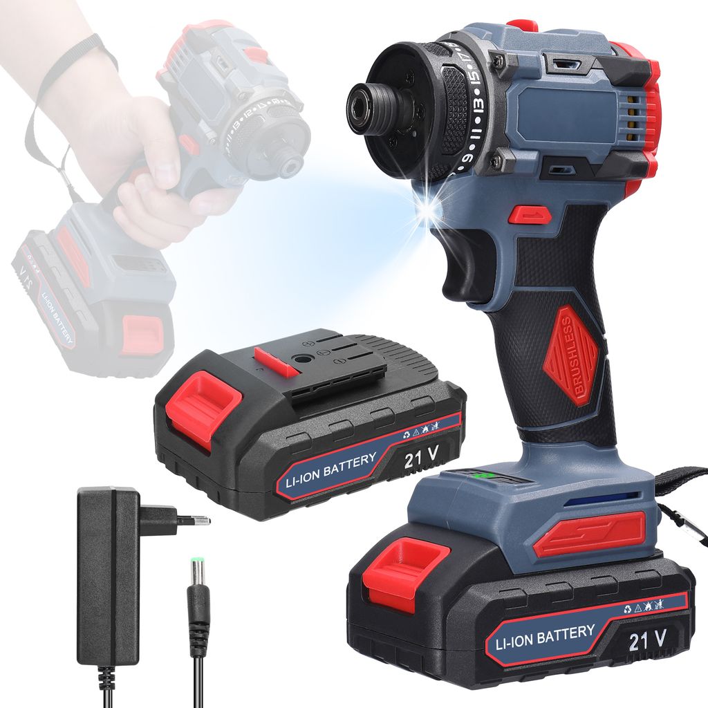 A cordless electric screwdriver with two batteries, a charger, and a ghosted image of a hand holding the screwdriver.