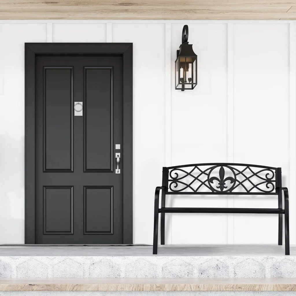 Banc de jardin durable en métal noir fleur de lys sans entretien