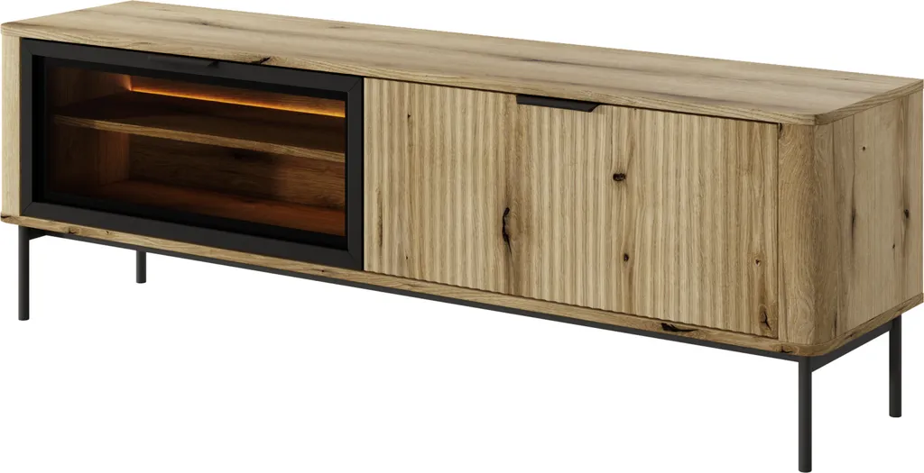 Armoire TV en chêne avec deux portes et pieds noirs modèle Oslo 140cm