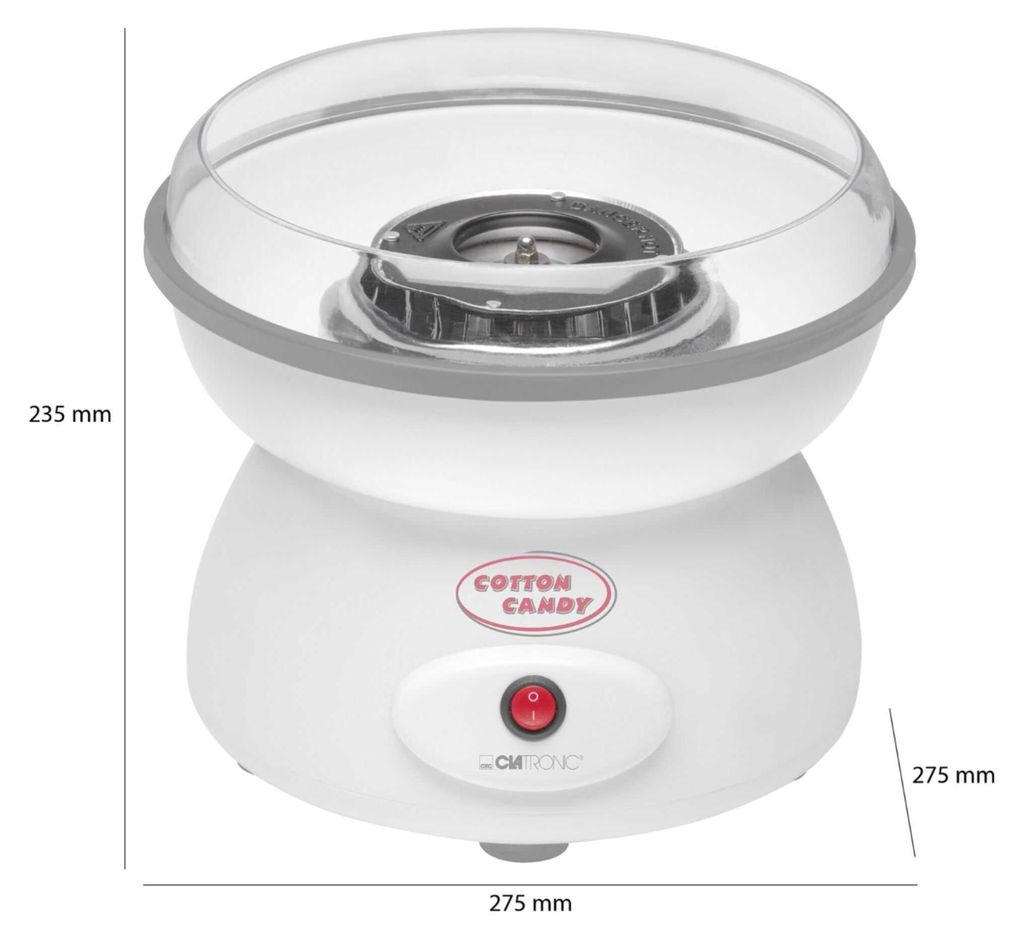 A white cotton candy machine with a transparent lid, shown in isolation with dimensions indicated.