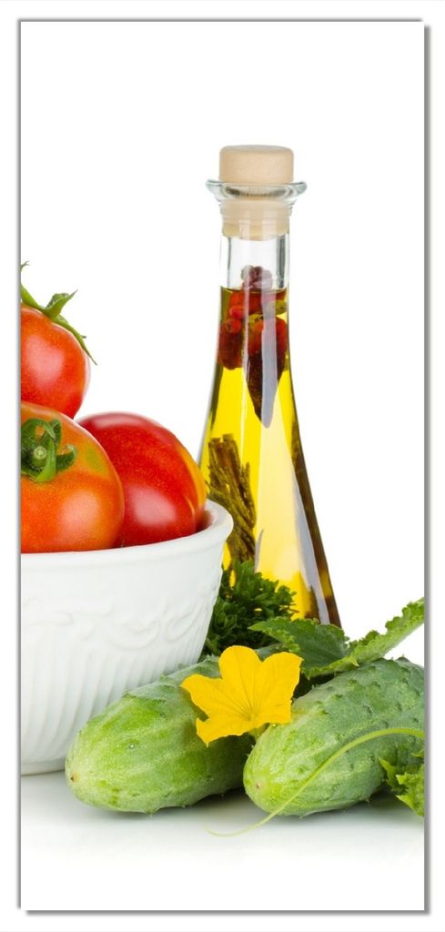 Wallario selbstklebende Türtapete 93 x 205 cm - Frische Salatzutaten mit Kräuter-Öl - Tomaten, Gurke, Petersilie - Abwischbar, rückstandsfrei z...