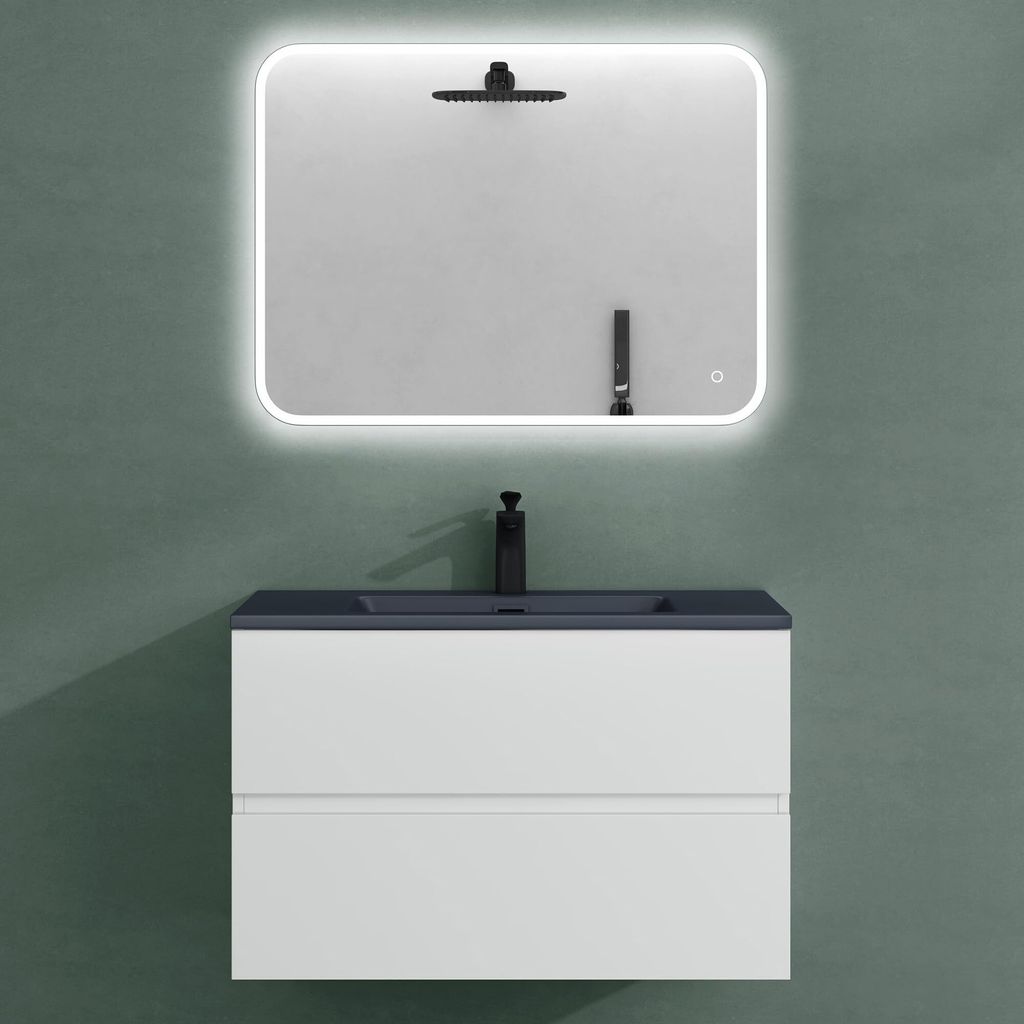 Mai & Mai Badmöbel-Set Waschtisch mit Unterschrank Mineralguss Waschbecken in Anthrazit Waschbeckenunterschrank 80x48x50cm Eiche Greige 2-Schublad...