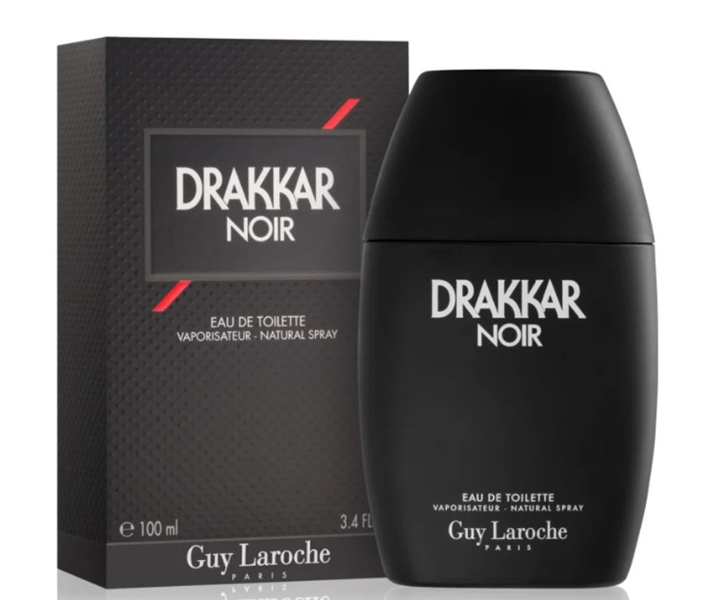 A black bottle of Drakkar Noir cologne and its packaging are displayed against a white background.