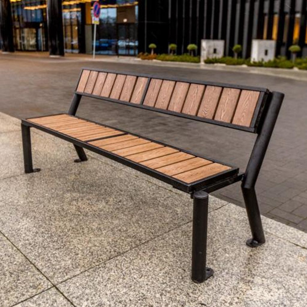 REKORD GLADIATOR WPC Braun Parkbank mit Armlehnen 175 x 59 x 76 cm aus Metall und WPC mit Rückenlehne wetterfeste Outdoor Sitzbank