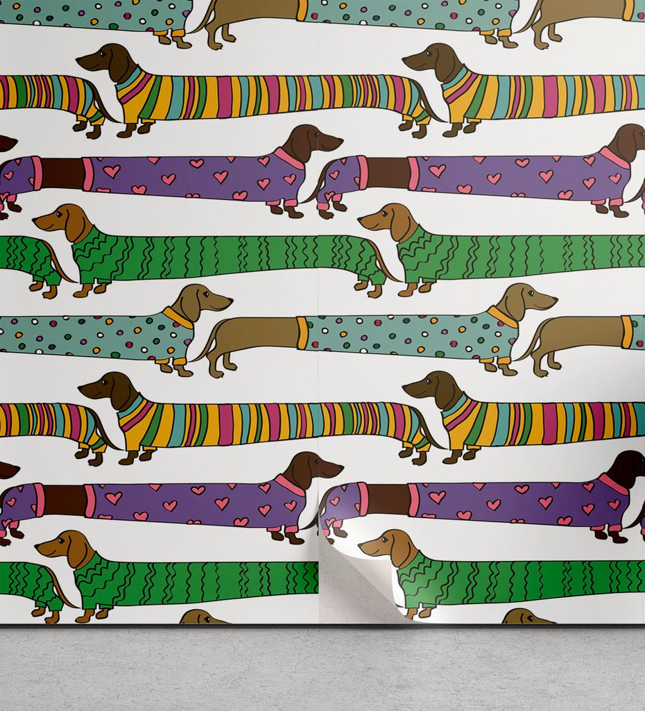 ABAKUHAUS Hundeliebhaber abziehbare & klebbare Tapete für Zuhause, Dackel in Kleidung, selbstklebendes Wohnzimmer Küchenakzent, 33 cm x 90 cm, Me...