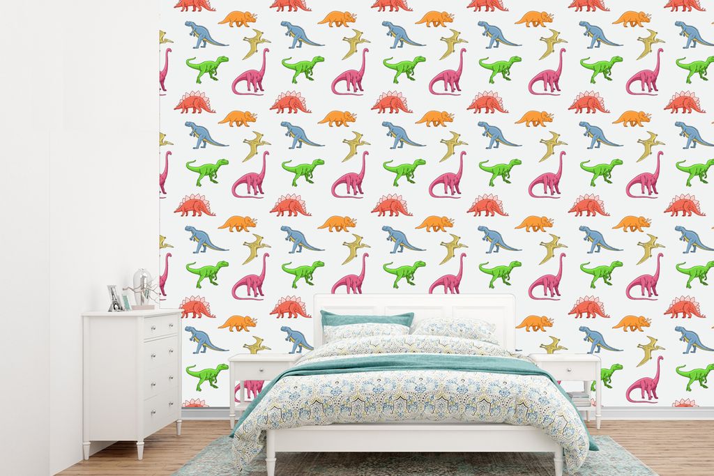 MuchoWow Fototapete für Wohnzimmer oder Schlafzimmer Wandtapete Vinyl Motivtapete Muster - Dino - Kinder - Farben - Kinder - Junge - 330x240 cm ...