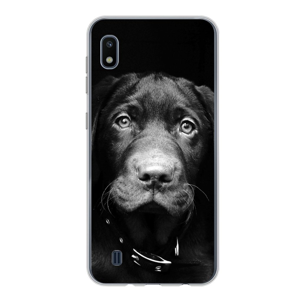 MuchoWow Handyhülle Schutzhülle Hülle für Samsung Galaxy A10 Nahaufnahme Labrador Welpe vor schwarzem Hintergrund in schwarz und weiß Siliko...
