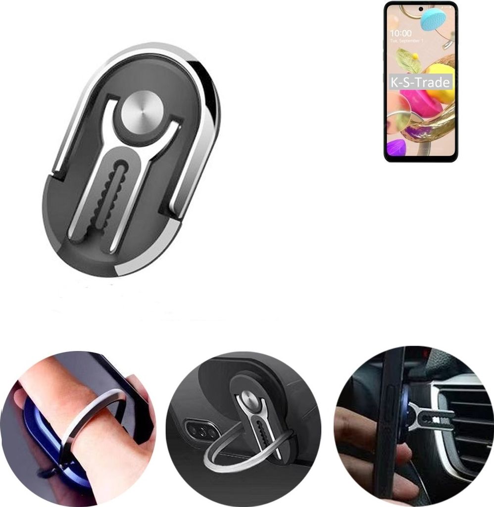 K-S-Trade 3in1 Smartphone-Ring Handy-Ring kompatibel mit LG Electronics K42 Fingerhalterung Handyring Tischständer Lüftungsgitter-Halterung Tisch