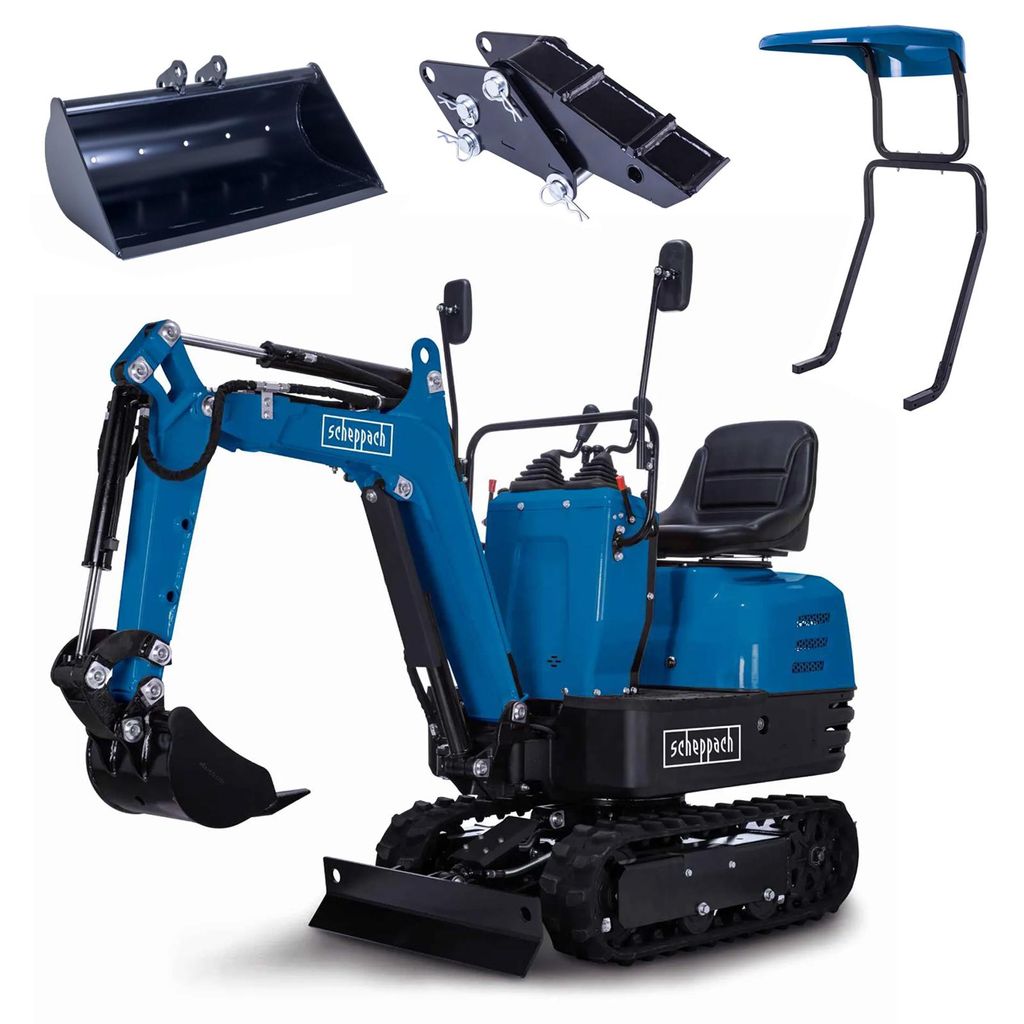 Scheppach Benzin Mini-Bagger EXC815 inkl. Baggerdach & Böschungslöffel 70cm & Baggerdaumen - 8,5 PS | 2330mm Grabweite | 690mm Breite | Kettenant...