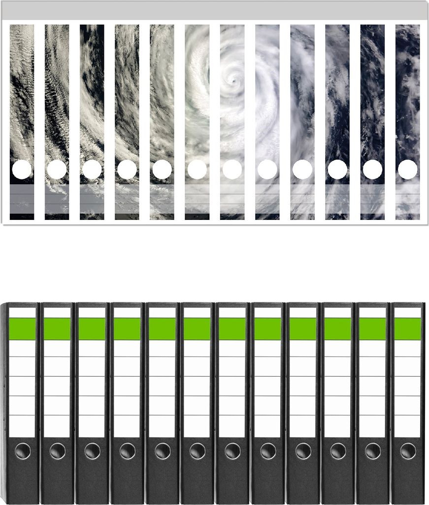 Wallario 12 Stück schmale Ordner inkl. Klebeetiketten mit Motive Hurrikan von oben - Spiralförmiger Wirbelsturm - Set mit Rückenschildern / Ord...