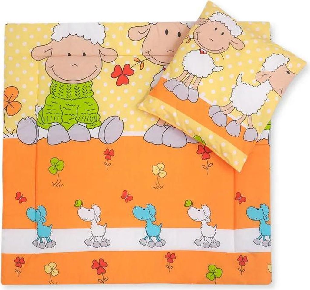 Bettwäsche Set für Säuglinge mit Decke und Kissen Fleece Schaf in Orange und Gelb