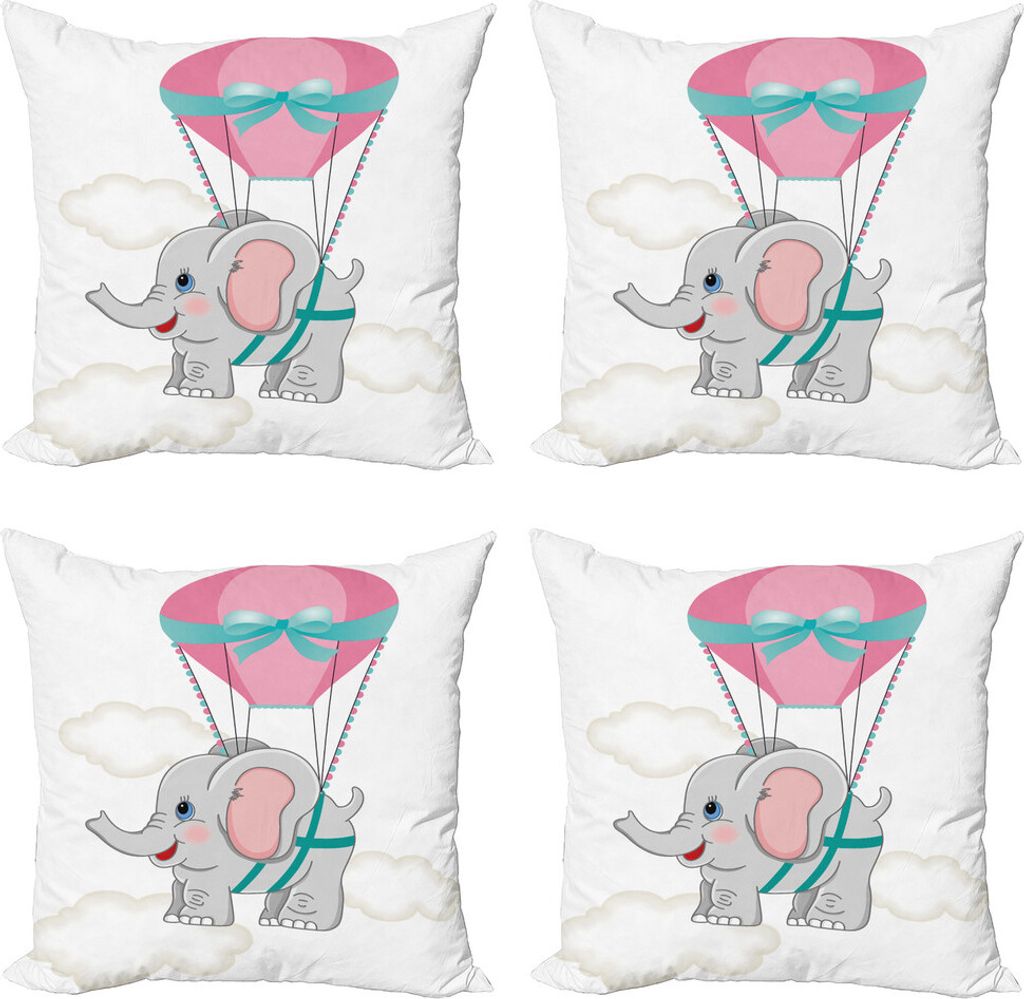 ABAKUHAUS Kindergarten Kissenbezug Set (4 Stück), Elephant Luftballon, Moderner Doppelseitiger Digitaldruck, 40 cm x 40 cm, Rosa Hellgrau Teal