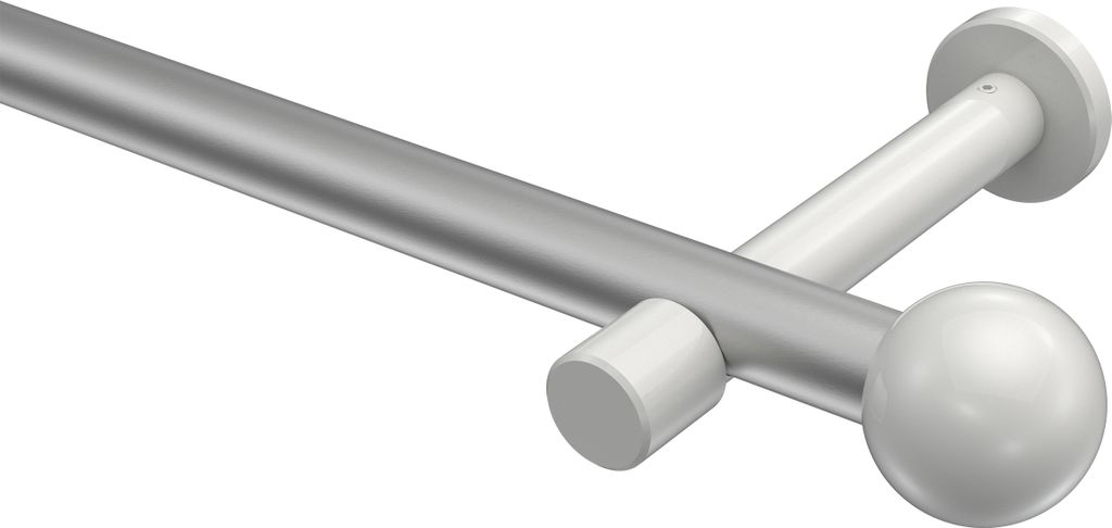 Interdeco Gardinenstange / Vorhangstange Silbergrau / Weiß, Typ Prestige Luino (Kugel) ohne Ringe, 20 mm Ø 1-läufig, 200 cm