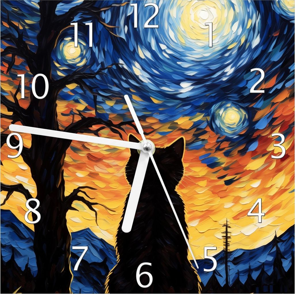 Wallario Design Wanduhr Katze im Sternenlicht aus Echtglas, Größe 20 x 20 cm